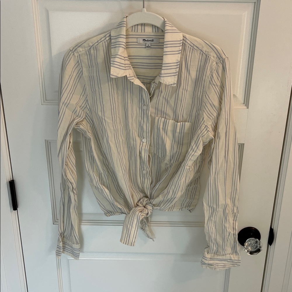 Madewell Cream and Blue Striped Tie-Front Shirt